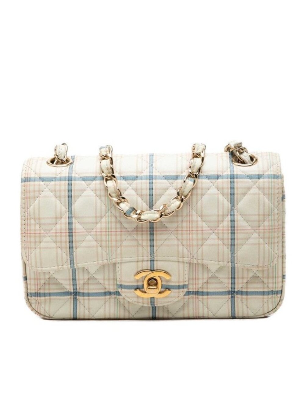 Chanel CC Logo Mini Quilted 20 Plaid Chain Shoulder Bag Ivory Gold Multicolor